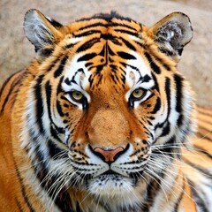 Close up portrait of a majestic tiger with striking green eyes and bold black stripes