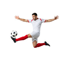 Dynamic soccer athlete soaring mid-air, executing a powerful kick with isolated background
