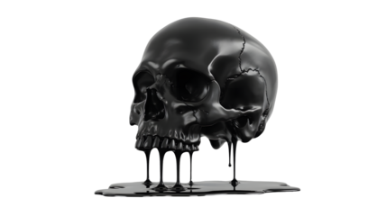 Melting black skull with liquid dripping isolated on transparent background