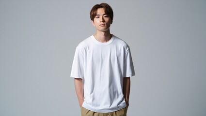 Young japanese man with stylish brown hair wearing a white t shirt and khaki pants