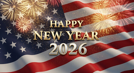 Happy New Year 2026 Golden Text on United States Flag with Fireworks Celebration