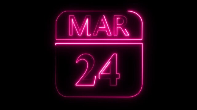 Glowing Pink Neon Calendar Displaying March 24th Date on Black Background twenty-four