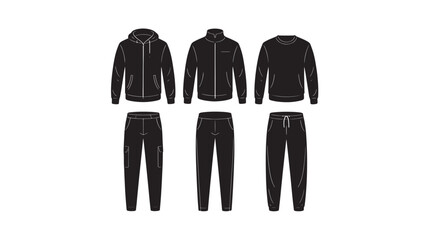 Set of sportswear clothing vector templates including hoodie jacket sweatshirt and pants minimalist flat design isolated on white background