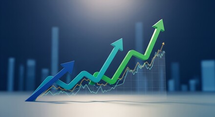 Three arrows representing financial growth and success against a blurred cityscape background