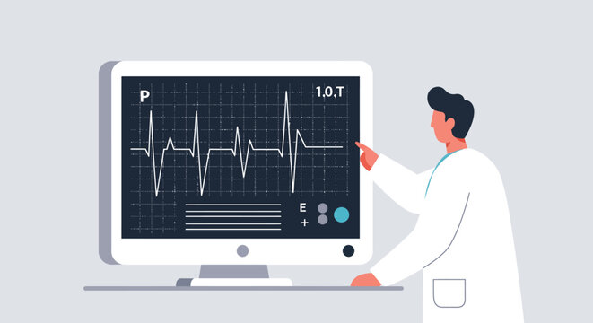 Medical doctor observing an ECG waveform on a screen, illustrating the use of digital technology for comprehensive heart health diagnostics and patient vital sign analysis in a healthcare setting