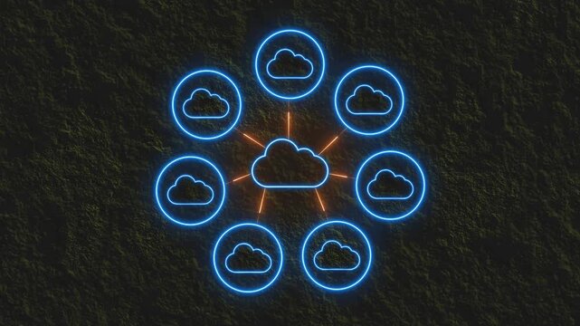 Glowing Neon Cloud Network Circles Converging, Data Flows Connecting, Security Layers, and Real-Time Orchestration in Modern Environments. 4K Video motion graphic animation.