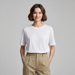 Young woman with short brown hair wearing a white t shirt and tan pants smiling