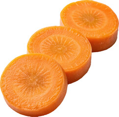 Three bright orange carrot slices arranged diagonally on a black background