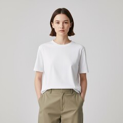 Young woman posing in a plain white t shirt and khaki pants against a neutral background