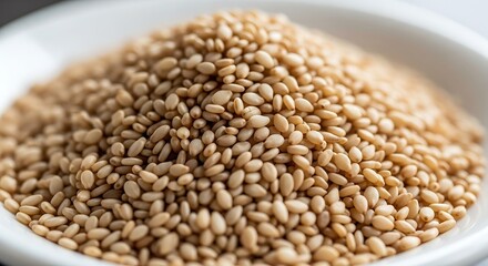 Obraz premium Pile of Sesame Seeds in White Bowl on Neutral Background