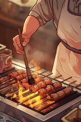 Chef expertly grilling skewers of meat over open flames at a bustling food stall