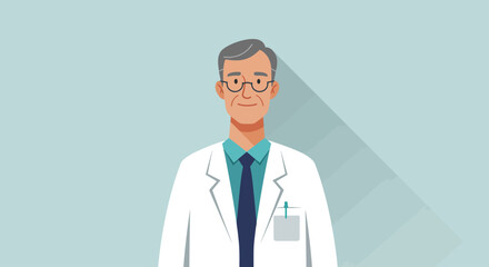 Professional senior male doctor or physician in a white lab coat, standing confidently. An illustrated portrait of an experienced medical healthcare expert