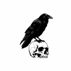 Gothic Black Crow Perched on Skull Vector Illustration