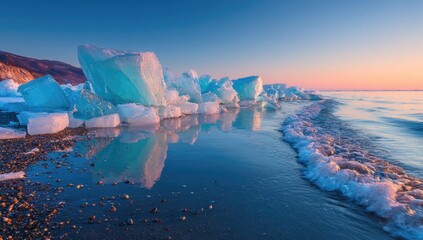 Striking view of aquamarine ice formations at the water's edge under a tranquil, colorful sky