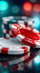 Obraz premium Colorful poker chips flying mid-air with glowing reflections on a casino table surface