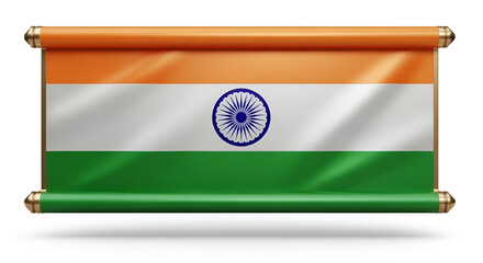 Indian Flag on Scroll with Golden Rollers stock photo