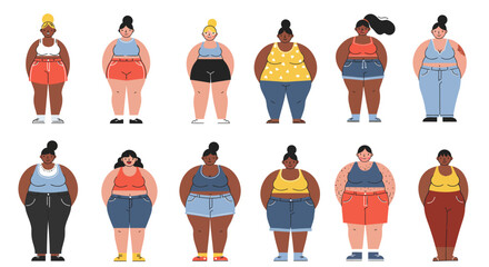 Diverse group of plus-size women standing together in various casual outfits, promoting body positivity