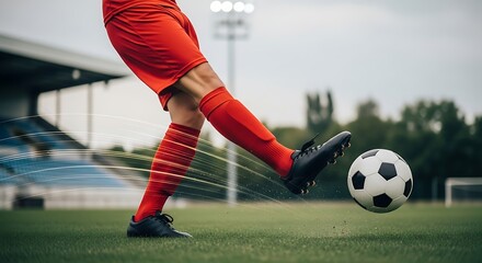 Dynamic soccer player kicks ball with power and precision during intense match at stadium, showcasing skill and athleticism for sports marketing campaigns