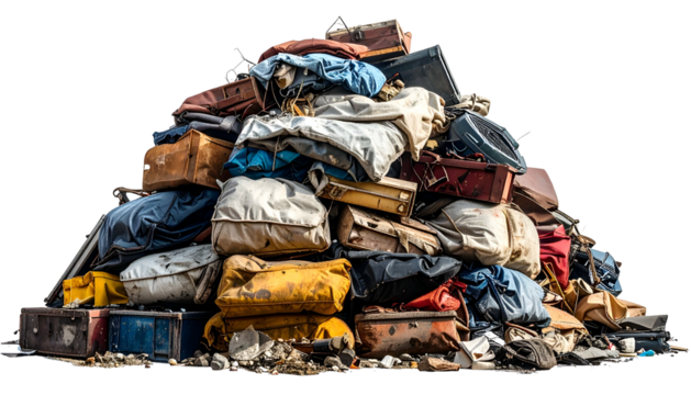 A large pile of worn luggage, bags, and fabrics, showing a jumbled assortment
