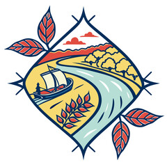 Stylized illustration of a sailboat navigating a winding river through a scenic landscape