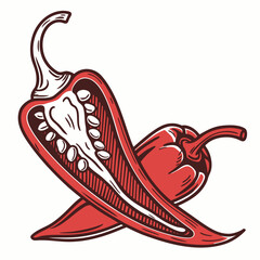 Stylized illustration of two red chili peppers one cut in half showing seeds and the other whole on a white background