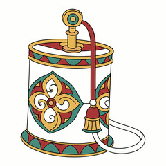 Tibetan prayer wheel with intricate floral patterns and decorative elements on a white background