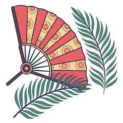 Decorative japanese fan with intricate patterns and green palm leaves on a white background