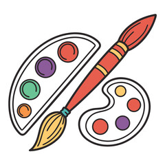 Colorful art supplies including a paint brush and two palettes with dabs of paint