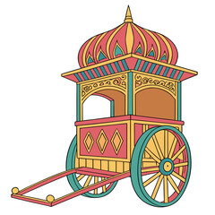 Ornate indian chariot with a domed roof and intricate decorative elements in vibrant colors