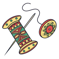 Colorful folk art style spool of thread with needle and bobbin on a white background