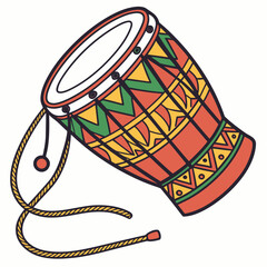 Vibrant dholak drum with traditional indian folk art patterns and hanging rope