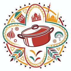 Traditional indian cooking pot and cultural symbols in a vibrant mandala design