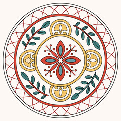 Circular decorative mandala with floral and leaf motifs in red yellow and teal colors