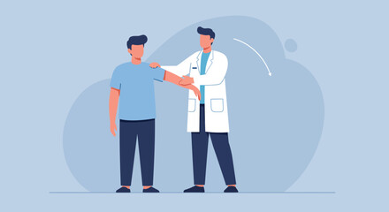 Professional doctor conducting a physical examination on a male patient's shoulder, assessing mobility and providing healthcare treatment in a modern clinical setting