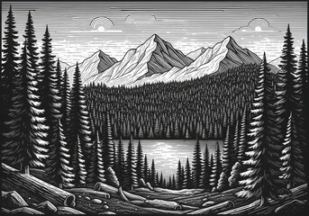 Illustration of monochrome illustration of a mountain range with a lake and pine trees