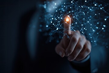 A person's hand touching a network of glowing connections with an illuminated lock symbol