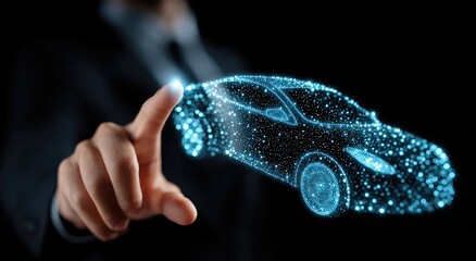 Person's finger touching glowing digital outline of a futuristic automobile