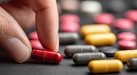 Close-up shot showing a hand picking up a red capsule amidst various colorful pills