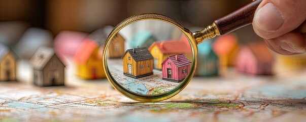 A magnifying glass focuses on miniature homes placed on a map, symbolizing real estate