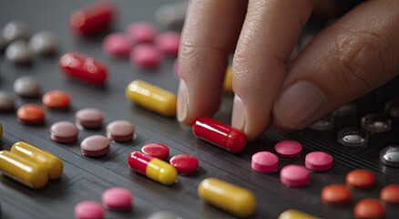 Close-up shot of a hand selecting a pill from a surface covered in various medications