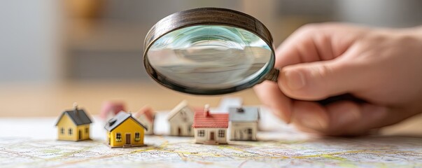 A hand holds a magnifying glass over miniature houses placed on a blurred map