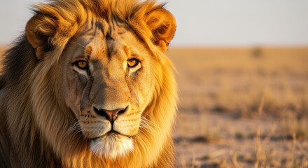 Closeup portrait of a majestic male lion in the african savanna