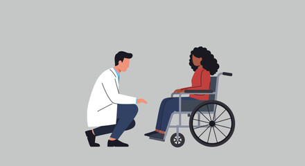 Empathetic doctor kneels to speak with a female patient in a wheelchair, illustrating compassionate healthcare and support