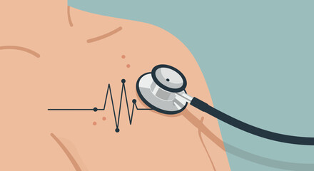 Medical Checkup Stethoscope on Chest with Heartbeat Line