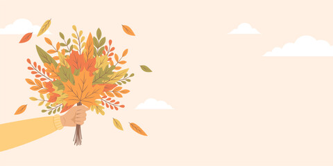 Hand holding a bouquet of colorful autumn leaves, autumn banner with copy space. Flat vector illustration