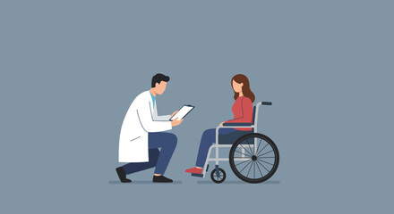 Doctor consulting patient in wheelchair, discussing medical information and providing support