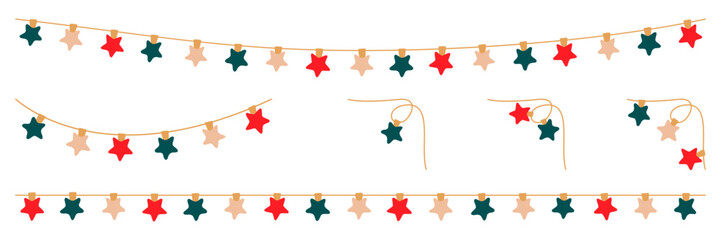Christmas garland lights with red and green star bulbs. Xmas festive string decoration with hanging retro led lamp. Glowing string with lamps for holiday cards, banners, posters, web. Vector