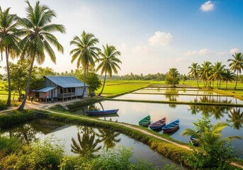 Illustration of picturesque rural landscape with rice paddies and a small house in vietnam