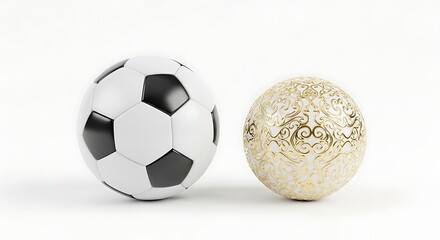 Classic soccer ball meets elegant golden sphere in a modern, minimalist scene highlighting contrast and design, perfect for sports or luxury brands