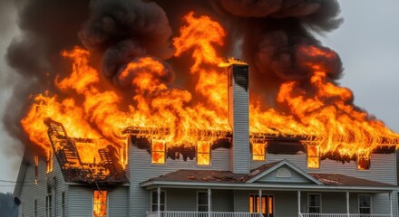 A house engulfed in flames with thick black smoke billowing into the sky, symbolizing destruction and disaster